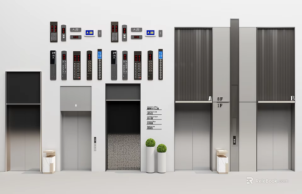 Commercial Building Elevator Equipment With Multiple Doors Control Panels And Floor Indicators 3d model 