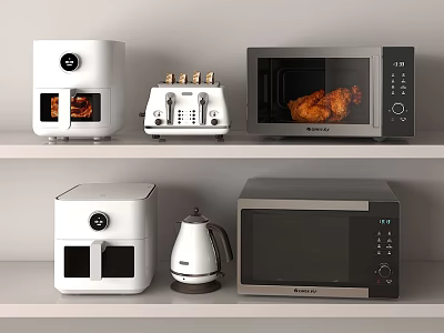 Essential Modern Kitchen Countertop Appliances Toaster Microwave Air Fryer and Kettle Display on White Shelves 3d model
