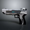 Futuristic White And Black Pistol With Blue Light Stripe And Ergonomic Grip Design