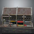 Traditional Shop House Model With Red Tiled Roof Signboards And Street Lamps