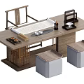 Traditional Chinese Tea Table And Chairs With Scroll Tea Set And Stools 3d model