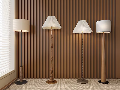 Modern Floor Lamps With Various Designs Against Wooden Panel Wall And Natural Light 3d model