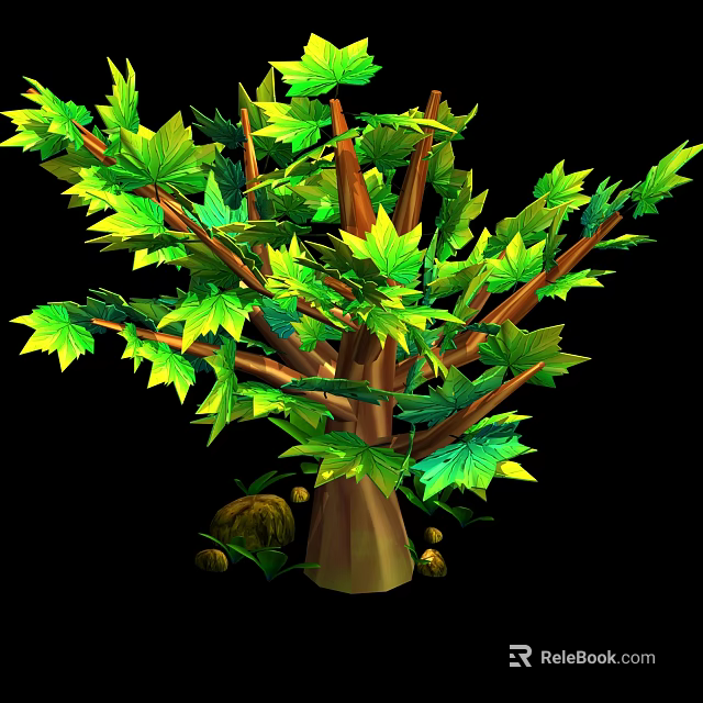 Vibrant Cartoon Tree Scene With Green Yellow Leaves Brown Trunk And Stones 3d model 