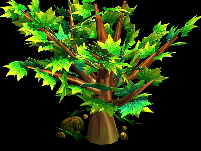 Vibrant Cartoon Tree Scene With Green Yellow Leaves Brown Trunk And Stones 3d model