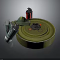 3D Rendered Weapons Featuring Green Circular Mine Safety Grenade Red Spray Can And Black Fuse