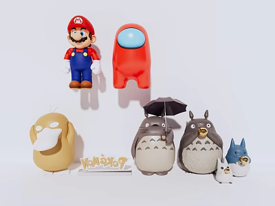 Cute Plush Dolls Collection Featuring Mario Red Crewmate Totoro And Yellow Characters 3d model