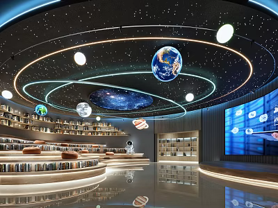 Starry Ceiling Book Art Library With Earth Model Planet Decorations Curved Bookshelves And Large Screen 3d model