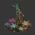 Red Skinned Figure With Antlered Head Holding Scythe On Circular Base With Fallen Leaves Plants