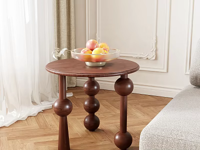 Dark Brown Wooden Side Table with Three Spherical Legs and Fruit Bowl Holding Fresh Fruits 3d model