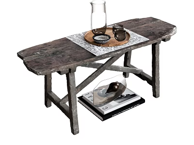 Rustic Wooden Stool With Glass Jar Coffee Cup And Tray On Distressed Surface 3d model