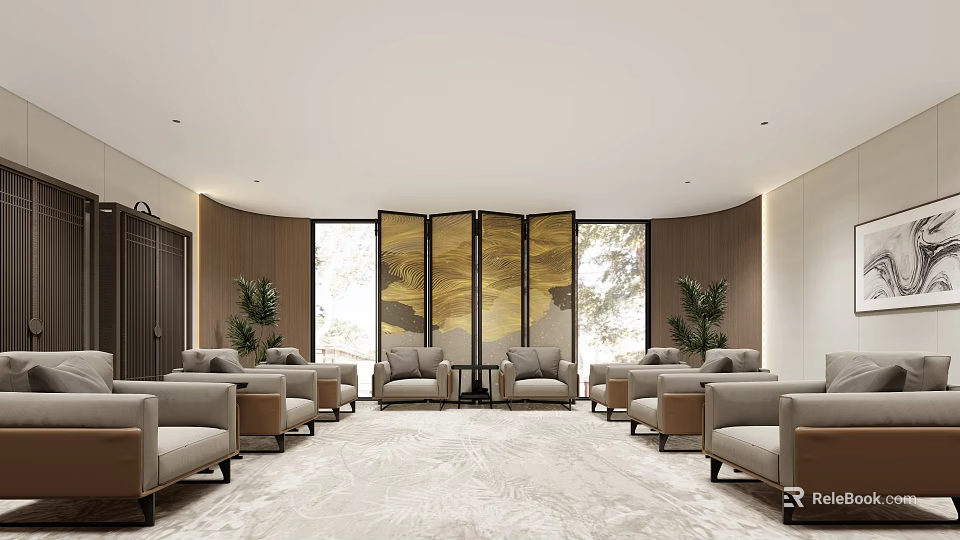 Elegant Hotel Public Lounge With Comfortable Sofas Large Windows And Decorative Screens 3d model