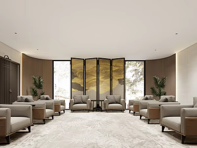 Elegant Hotel Public Lounge With Comfortable Sofas Large Windows And Decorative Screens 3d model