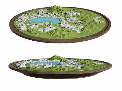 Detailed 3D Scale Model With Circular Base Green Terrain Water Body and Buildings 3d model