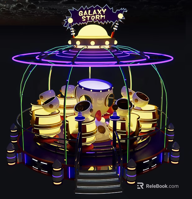 Colorful Amusement Ride With Neon Lights Rotating Seats And Dome Top Structure 3d model 