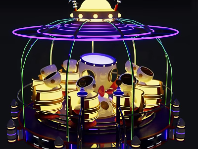 Colorful Amusement Ride With Neon Lights Rotating Seats And Dome Top Structure 3d model