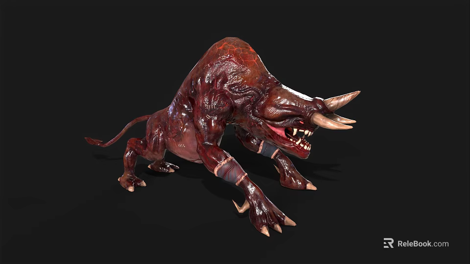 Red Muscular Horned Monster With Sharp Teeth And Claws On Black Background 3d model 