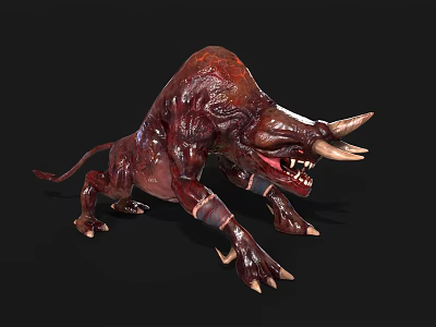 Red Muscular Horned Monster With Sharp Teeth And Claws On Black Background 3d model