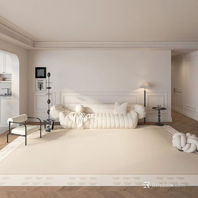 Minimalist White Living Room Interior With Sofa Floor Lamp Side Table And Accent Chair 3d model 