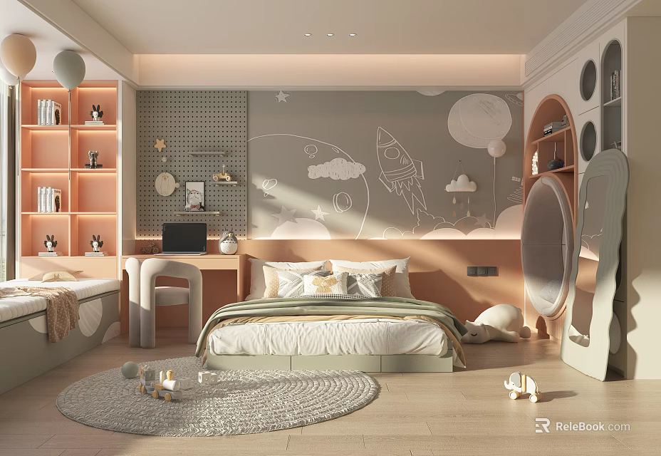 Cozy Modern Kids Room Interior With Bed Desk Star Decor Rocket Mural And Balloon Accents 3d model 