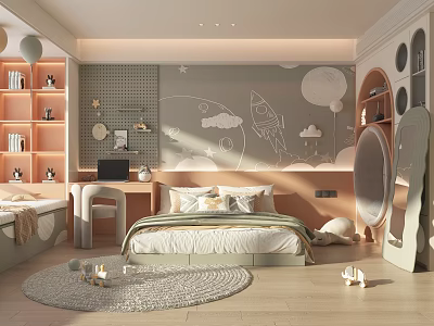 Cozy Modern Kids Room Interior With Bed Desk Star Decor Rocket Mural And Balloon Accents 3d model
