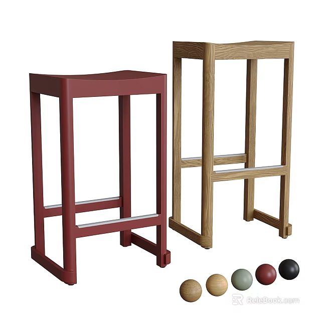 Modern Minimalist Bar Stools In Red And Wood Color With Simple Frame Design 3d model 