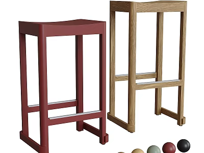 Modern Minimalist Bar Stools In Red And Wood Color With Simple Frame Design 3d model