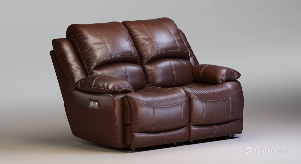Two Seater Brown Leather Sofa with Comfortable Cushioned Armrests and Backrest 3d model 