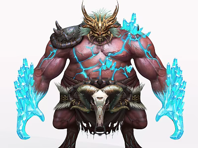 Game Movie Character With Golden Dragon Head Muscular Body Blue Lightning Patterns Goat Skull Belt 3d model