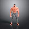 Muscular Man Shirtless Standing Barefoot In Gray Tight Pants Against Gray Background