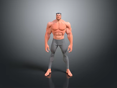 Muscular Man Shirtless Standing Barefoot In Gray Tight Pants Against Gray Background 3d model