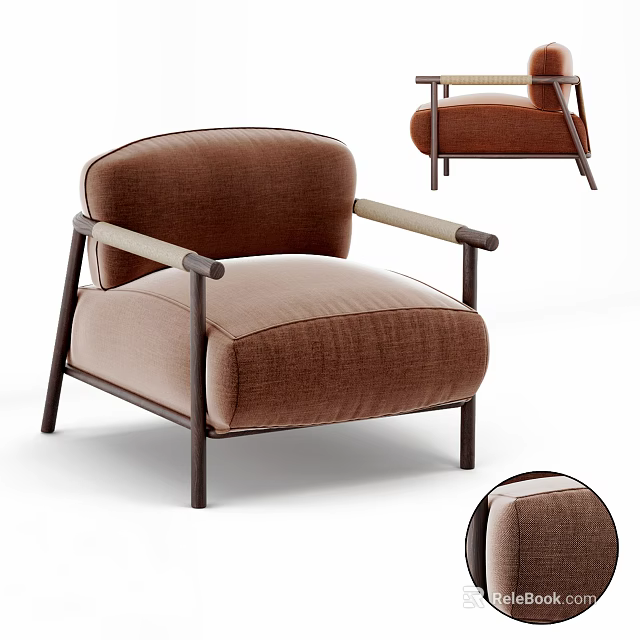 Modern Brown Upholstered Single Sofa With Light Armrests And Dark Metal Frame Design 3d model