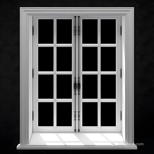 Double Casement Windows With White Frames Gridded Glass And Metal Handles 3d model 