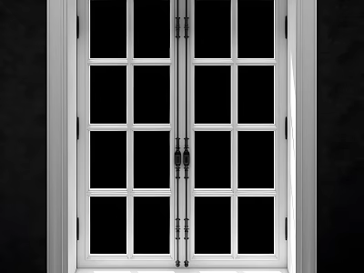 Double Casement Windows With White Frames Gridded Glass And Metal Handles 3d model