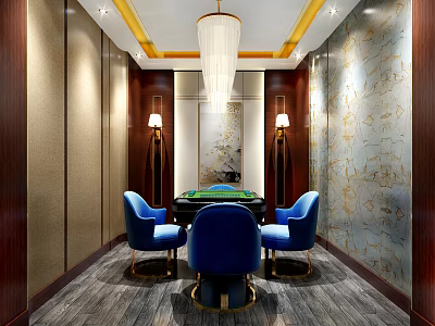 Elegant Hotel Mahjong Room Interior With Blue Chairs Green Table And Crystal Chandelier 3d model