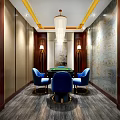 Elegant Hotel Mahjong Room Interior With Blue Chairs Green Table And Crystal Chandelier