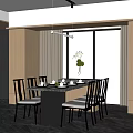 Modern Restaurant Interior With Long Dining Table Chairs Tableware Vase And Pendant Light 3d model
