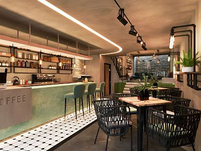 Modern Café Interior Design With Green Counter Black Chairs Checkered Tiles And Potted Plants 3d model