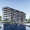 Modern Multi Storey Apartment Building With Balconies And Waterfront Landscaping