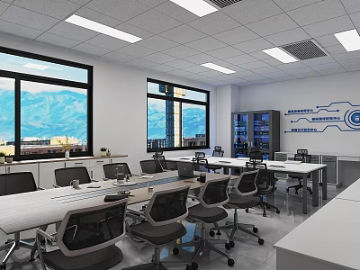 Modern Conference Room Setup With Long Tables Black Office Chairs Large Windows And Mountain View 3d model