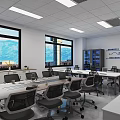 Modern Conference Room Setup With Long Tables Black Office Chairs Large Windows And Mountain View