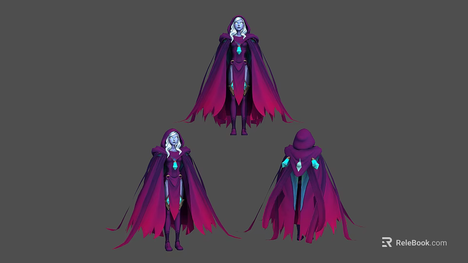 Fantasy Woman Character Design With Purple Pink Gradient Cloak Blue Gemstones And White Hair 3d model 