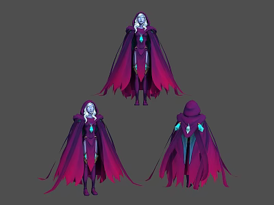 Fantasy Woman Character Design With Purple Pink Gradient Cloak Blue Gemstones And White Hair 3d model
