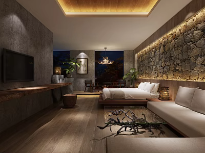 Hotel Room Interior With Stone Wall Wooden Floor Bed TV Sofa And Hanging Chandelier 3d model