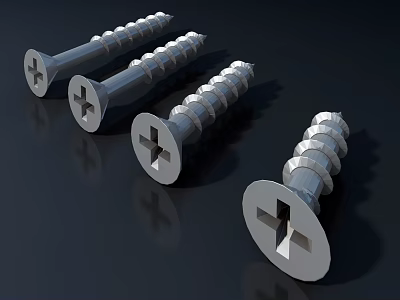 Three Silver Cross Slot Metallic Screws Arranged On Black Smooth Surface With Reflection 3d model