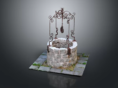 Ancient Stone Well Structure With Ornate Iron Frame And Stone Paved Base 3d model
