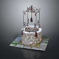 Ancient Stone Well Structure With Ornate Iron Frame And Stone Paved Base 3d model