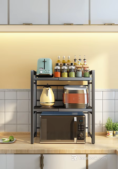 Kitchen Storage Shelf With Spice Bottles Coffee Maker Yellow Kettle Red Rice Cooker Yellow Wall White Tiles 3d model 