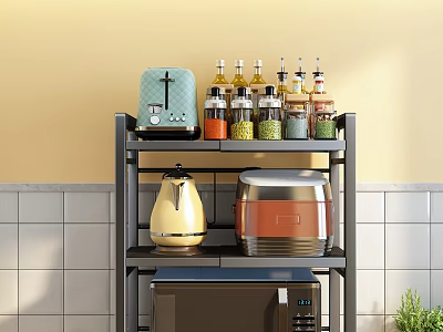 Kitchen Storage Shelf With Spice Bottles Coffee Maker Yellow Kettle Red Rice Cooker Yellow Wall White Tiles 3d model