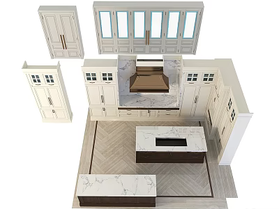 Modern Kitchen Cabinet Design With Glass Doors And Marble Island Countertops 3d model