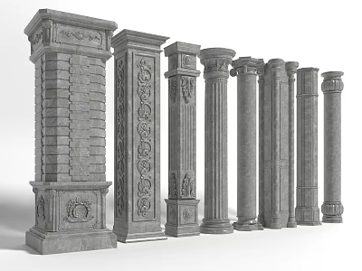 Diverse Ornate Stone Columns Showcasing Carved Details And Classical Architectural Styles 3d model
